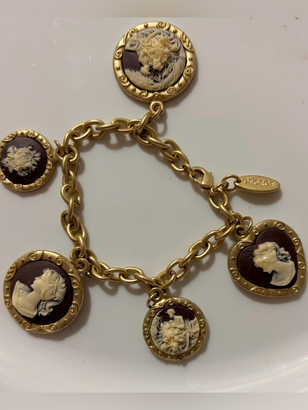George Gold-Tone Cameo Charm Bracelet in Brown and Cream